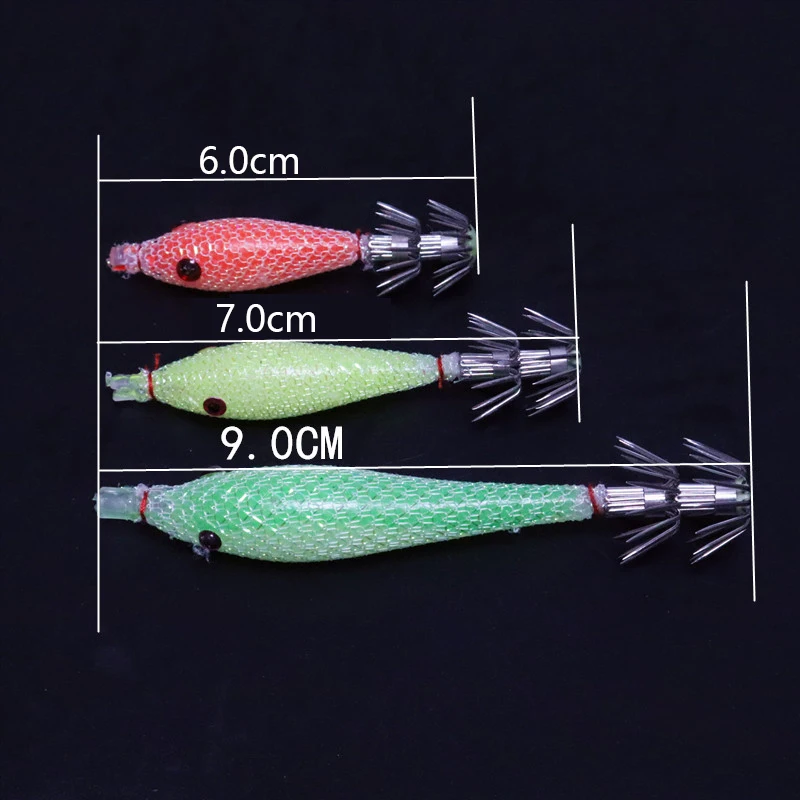 5PCS/bag 6cm7cm9cm Artificial Fluorescent Fishing Lures Squid Hook Cuttlefish Jigs Bait Spinnerbait Wood Shrimps Sea Fishing