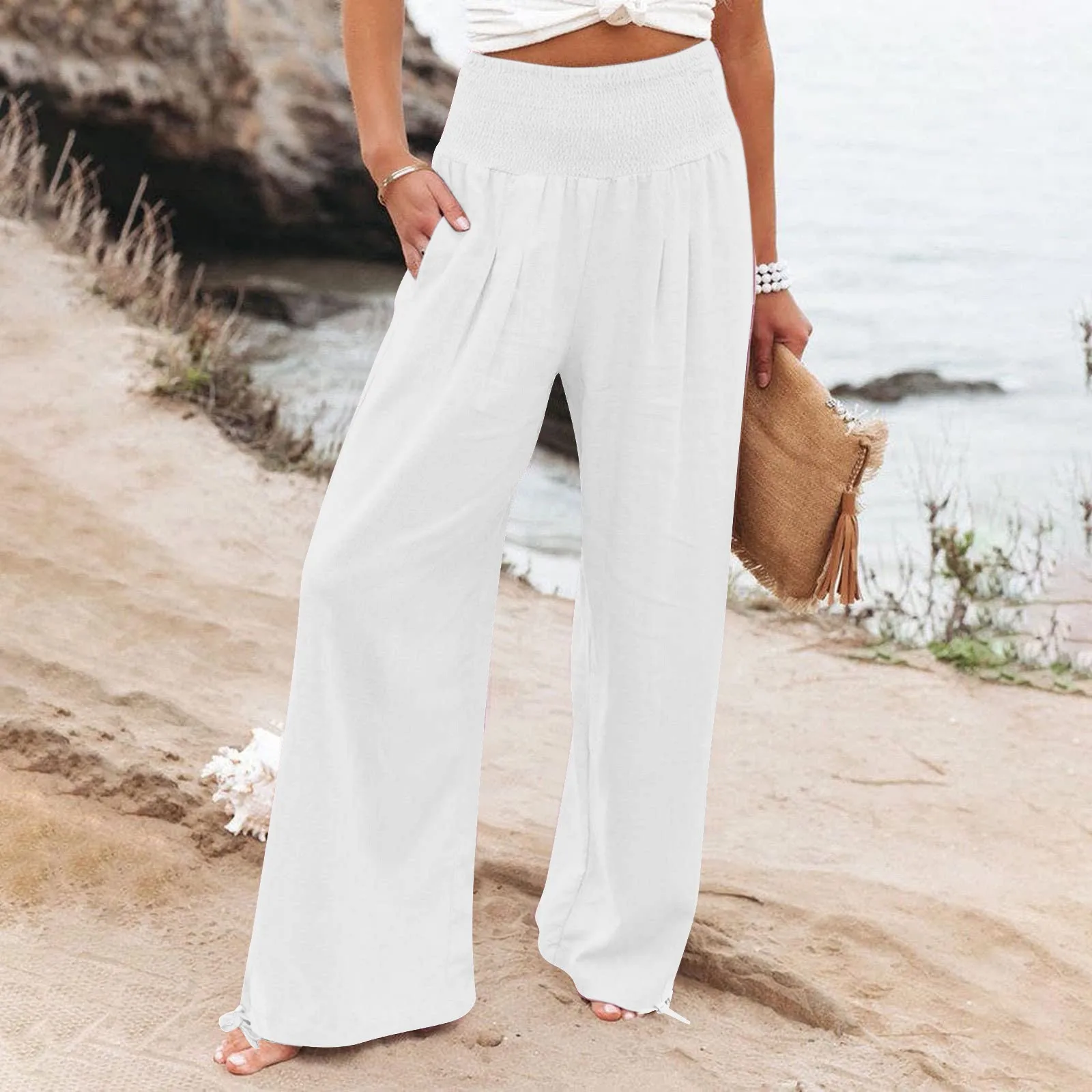 

Spring Summer Women Long Pants Fashion Elastic Waist High Waist Loose Simple Solid Pant With Pockets Casual Wide Leg Fit Trouser