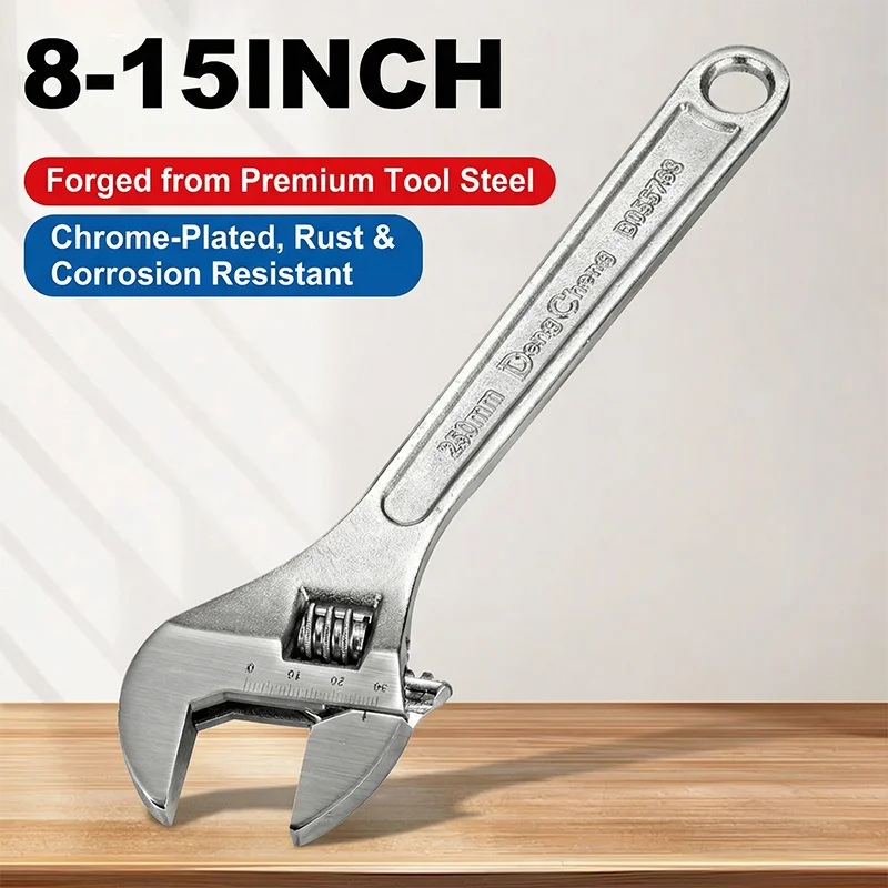 Professional Smooth Handle Adjustable Wrench - Forged Tool Steel, Chrome Plated Surface, 8/10/12/15 Inch Sizes for Repairs
