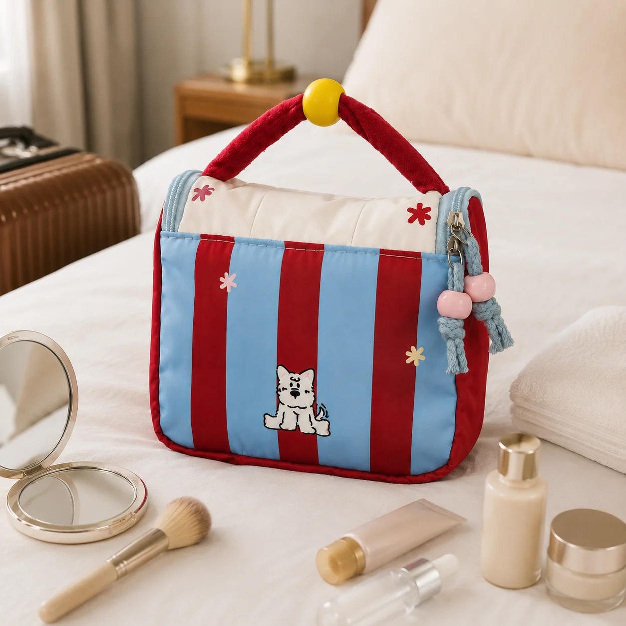 

4 small dog prints, red and blue contrasting stripes, tassel bead zipper, large capacity, portable and easy to carry, for groomi