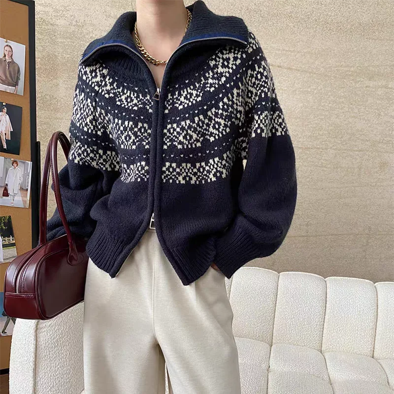 Fashion Vintage Turn-down Collar Women's Cardigan Elegant Long Sleeve Knit Sweater Casual Loose Knitted Top Zipper Knitwear
