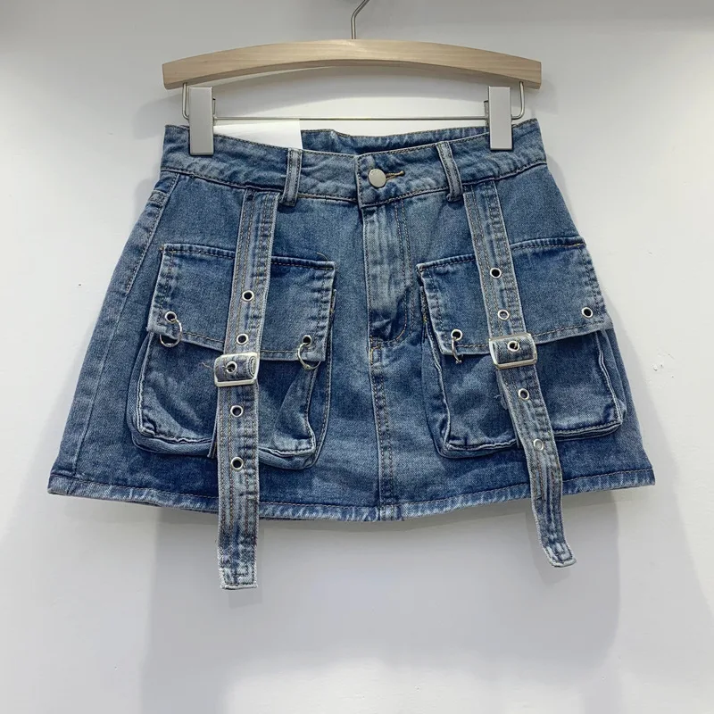 

Hotsweet A Line Washed Denim Skirt 2024 Spring Summer New Retro American Picy Girl Safari Style Strap Mini Skirts Streetwear