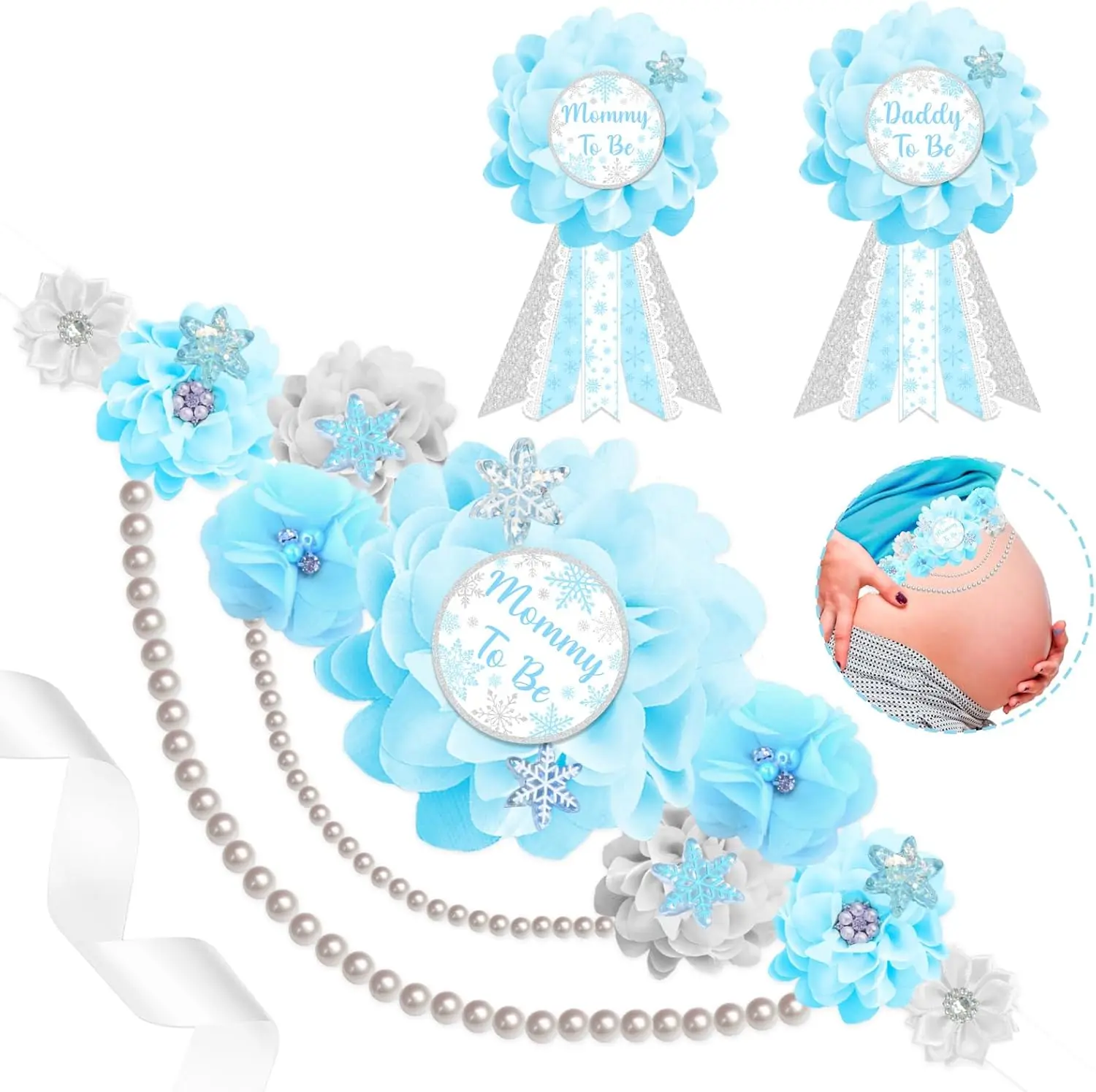 Winter Snowflake Baby Shower Maternity Sash Corsage Pin Set Flower Belly Belt Mommy To Be Daddy Pregnancy Keepsake for Boy