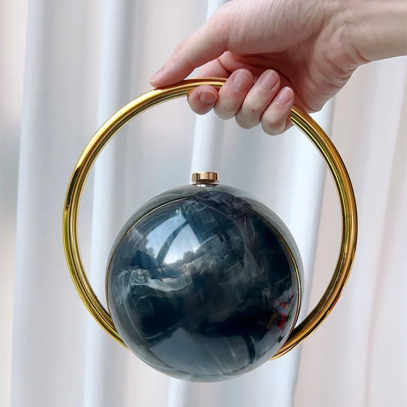 Spherical Evening Elegant Clutch Purse,Designer Electroplating Handle High-End Handbag with Marble Pattern,Women Sphere Tote Bag