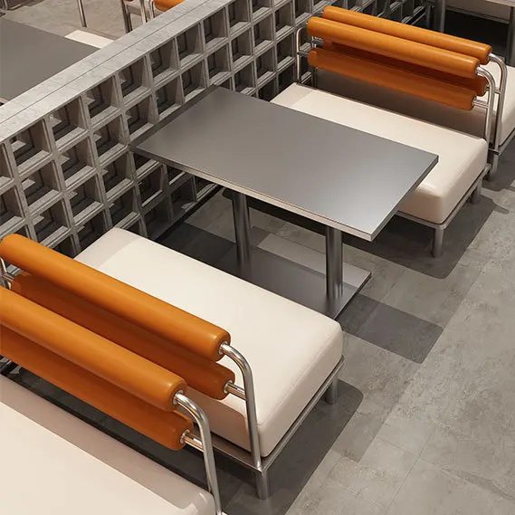 Custom Stainless Steel Wall-Mounted Booth Sofas Industrial Style Themed Restaurant Table and Chair Sets for Commercial Use