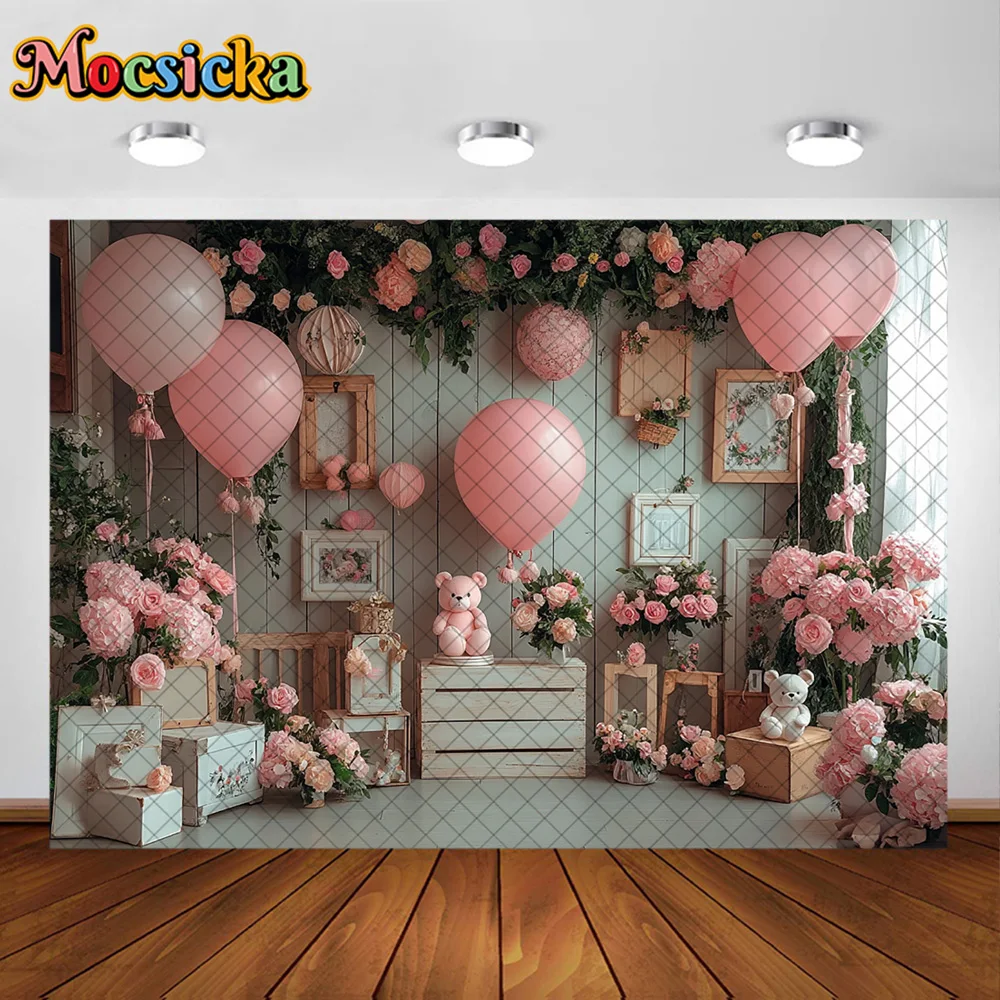 Mocsicka Fotografie Hintergrund Rosa Ballon Zimmer Plüsch Spielzeug Bär Dekoration Hintergrund Baby Dusche Neugeborenen 1. Geburtstag Party Prom