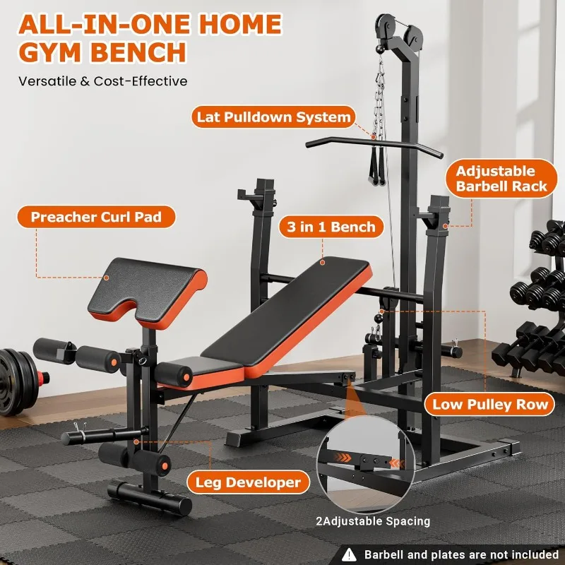 

Fostoy Multi-Functional 9-in-1 Weight Bench Adjustable Design with Lat Pulldown Row Squat Rack Leg Curl Strength Workout Station