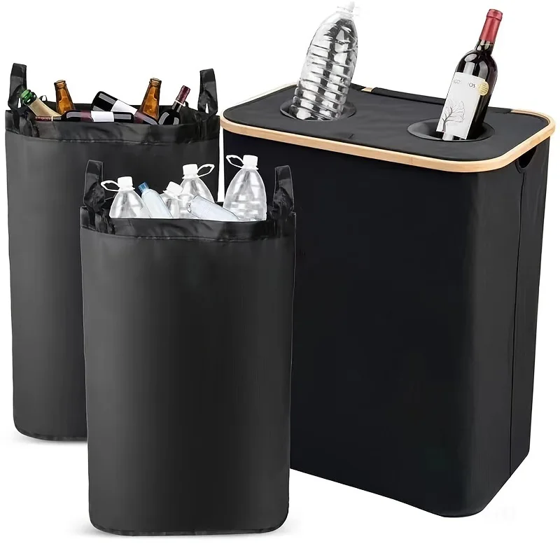 

Large Capacity Kitchen Storage Basket Upgraded Dual Throw Bottle Mouth Recycling Box Foldable Recycling Boxes With Lid 140L