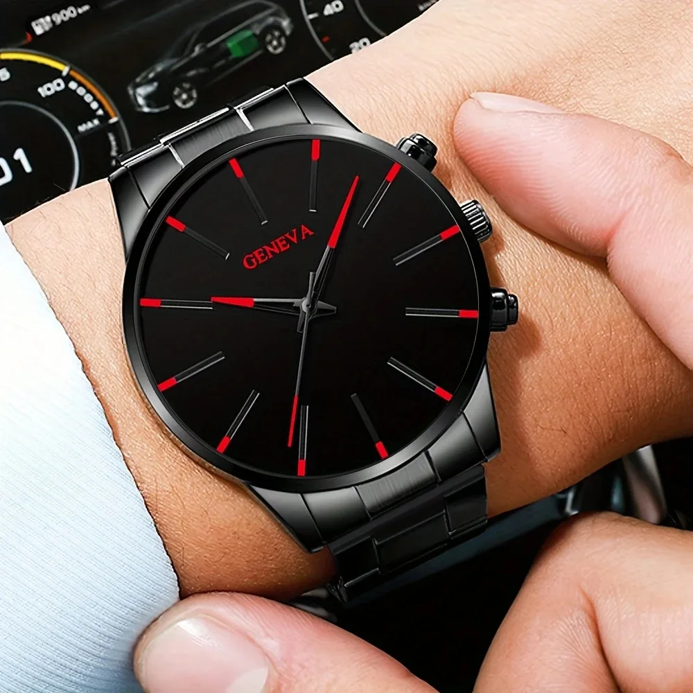 Men Wrist Watch Set Blue Pointer Steel Band Glass Quartz Watch Daily Business Dress,  Christmas, Halloween Gift