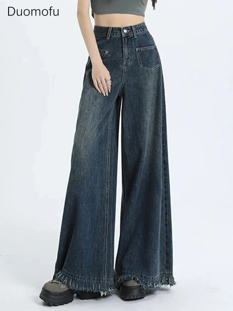 

Duomofu Ins Chic Tassels Loose Straight Female Wide Leg Pants American Fashion Distressed Full Length Simple Casual Women Jeans
