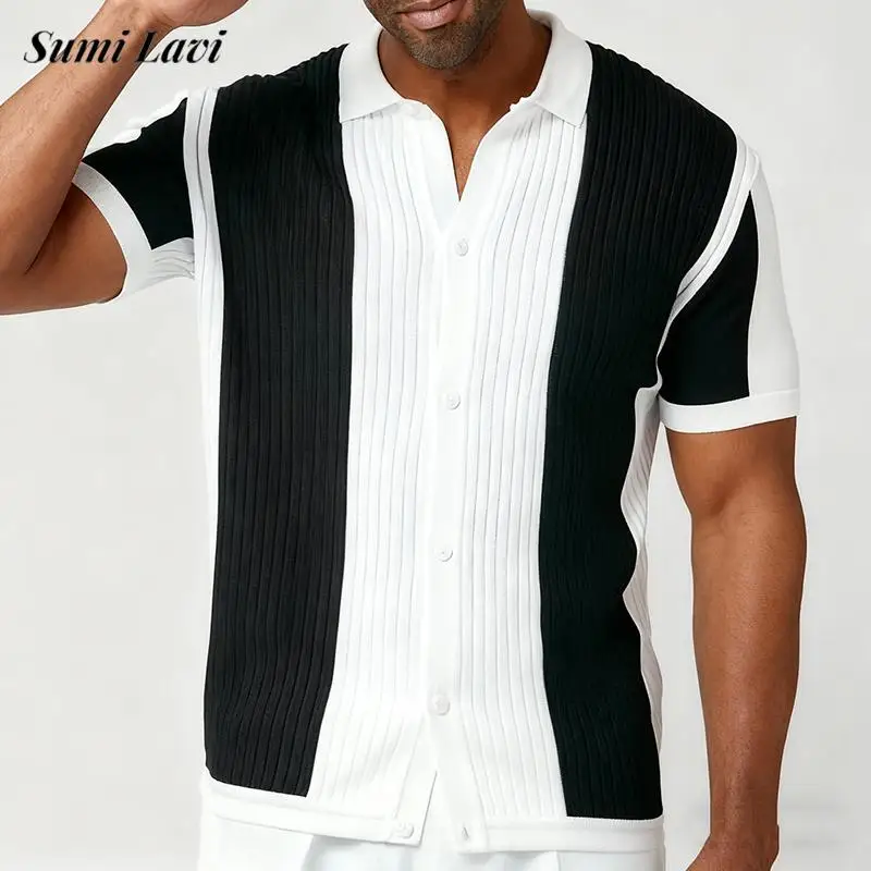 Stilvolle Herren Slim Fit Strickhemd Tops 2026 Frühling Sommer Casual Umlegekragen Strickjacken Männer Vintage Patchwork Gestricktes Hemd
