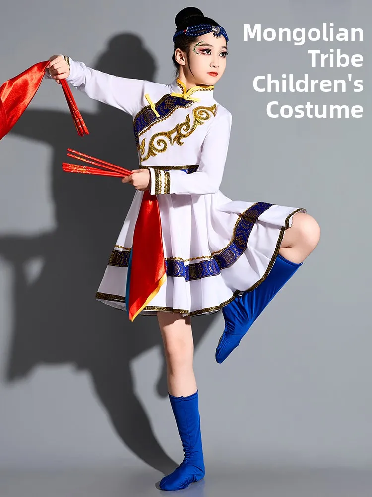 

New Children's Mongolian Dance Performance Costume Girls' Ethnic Mongolian White Chopstis Dance National Robe Summer