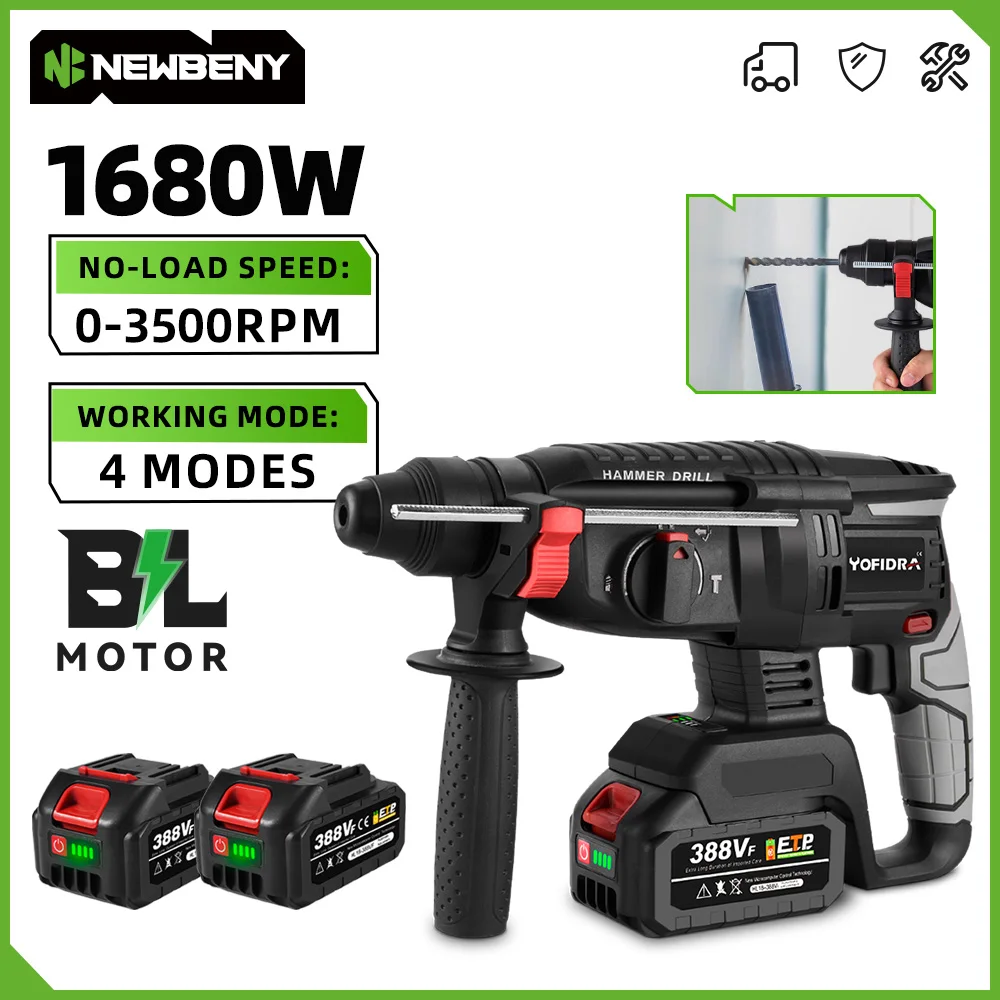 NEWBENY 1680W 26MM Bürstenloser Elektrischer Bohrhammer Multifunktions-Bohrhammer Schlagbohrmaschine Elektrowerkzeug für Makita Akku