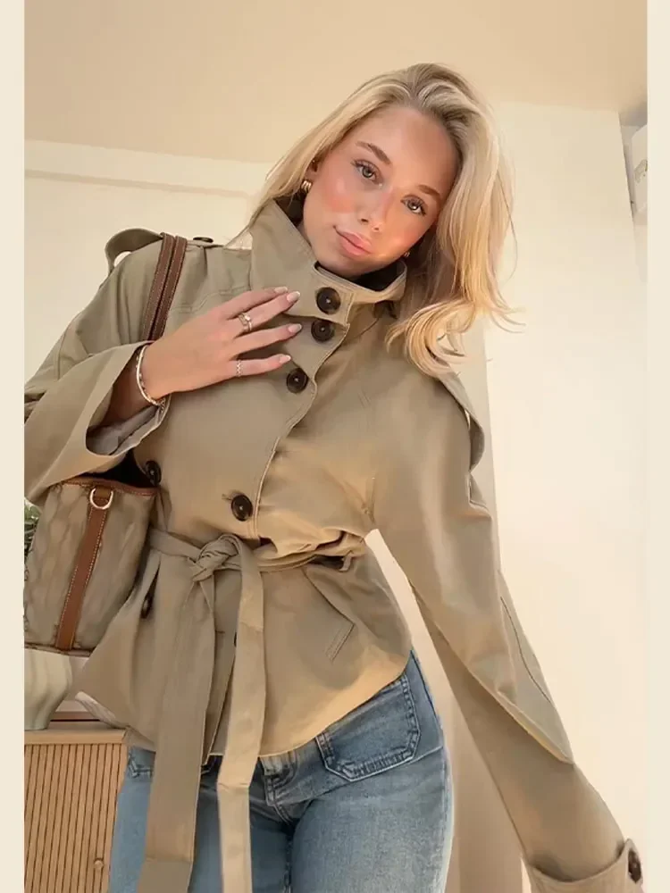 Women Solid Lace Up Trench Coat High Neck Double Breasted Full Sleeve Windbreaker Lady Fashion Street Casual Daily Coats