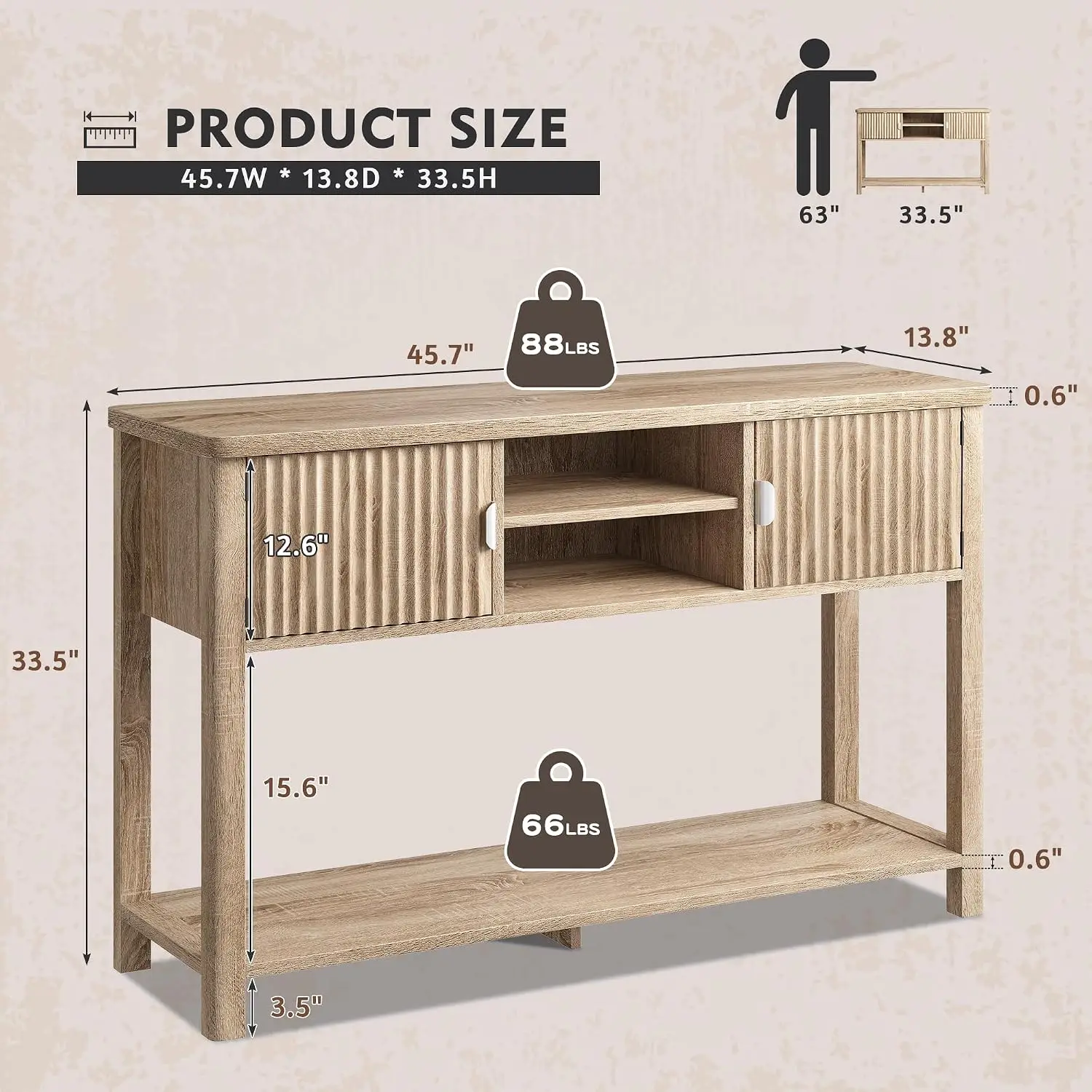 Console Table with 2 Doors & 8 Shelves, Oak Wood Fluted Design Open & Concealed Storage for Living Room Entryway 45.7