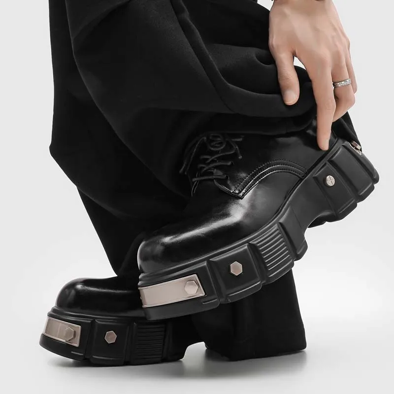 Size 38-46 Trendy Fashionable Men Derby Shoes Black New Style Thick-soled Lace Round Toe English-style Thick Soled Leather Shoes
