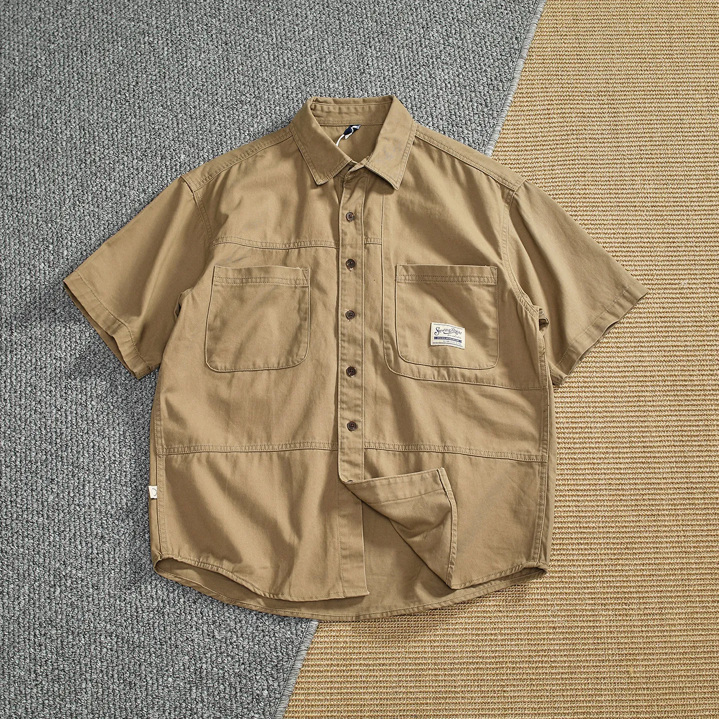 Vintage Amekaji Workwear Short Sleeve Shirt Men Lapel Multi Pocket Label Decor Loose Casual Button Down Shirts