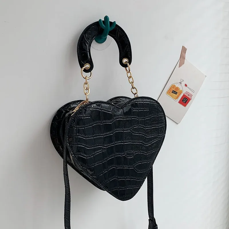Portable Heart Shaped Women Bags 2024 New Fashion Chain Stone Pattern Crossbody Shoulder Bag Casual All-match Handbags Purses