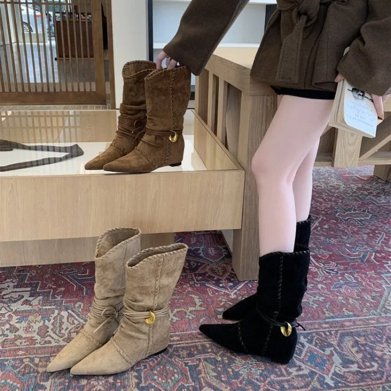 

Women Mid Calf Boots Slouchy Suede Like Pointed Toe Western Style Wedge Heel Strappy Buckle Detail Fall Winter Daily Footwear