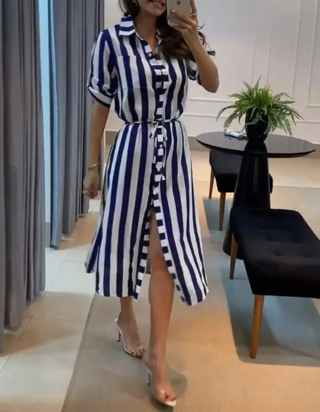 Womens Dresses 2025 Summer New Fashion Striped Turn-Down Collar Short Sleeve Casual Slit Lace Up Daily Blouse Dress