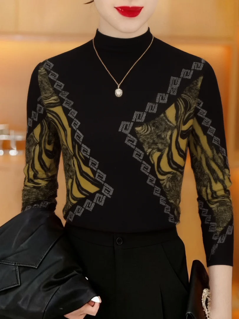 

Утепленная флисовая рубашка с длинным рукавом и принтом, модный топ с полувысоким воротником для женщин среднего и пожилого возраста.