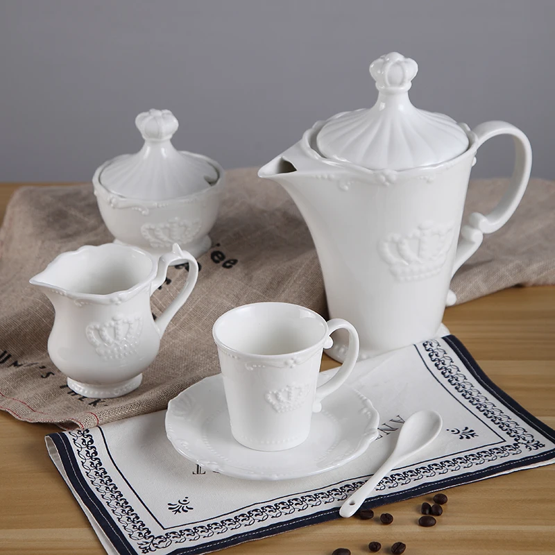 21pc Set, White Embossed Porcelain Coffee Pot Cup Court Crown Design Court, Nespresso Vintage Tea Party