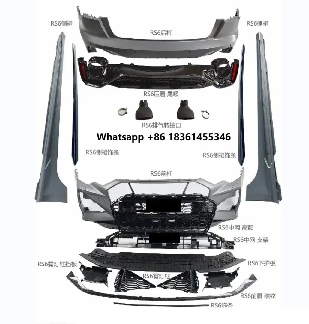 

For A6 2019-21 Upgrade to RS6 Style Kit Front Rear Bumper Lip Grill Mesk Side Skirt Tail Throat Car Accessories Body Kit