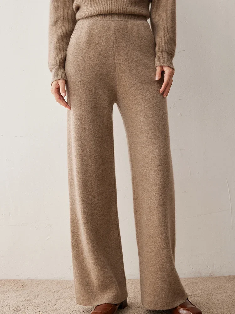 Office Lady Autumn Winter Women's Pants 100% Cashmere Pants Elastic Waist Straight Pants Trousers Warm Thicked Knitted Bottoms