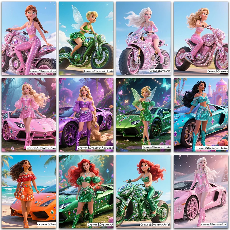 ديزني الأميرة الماس اللوحة إلسا فروزن دراجة نارية سيارة رياضية ديكور المنزل كامل مربع ومستدير فسيفساء التطريز عبر غرزة