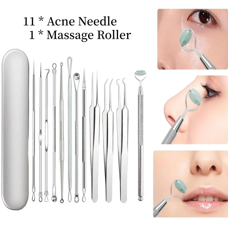 12 ピース/セット皮膚洗浄目抗しわ天然翡翠ローラーと黒ずみやニキビ除去針フェイシャルケアマッサージツール