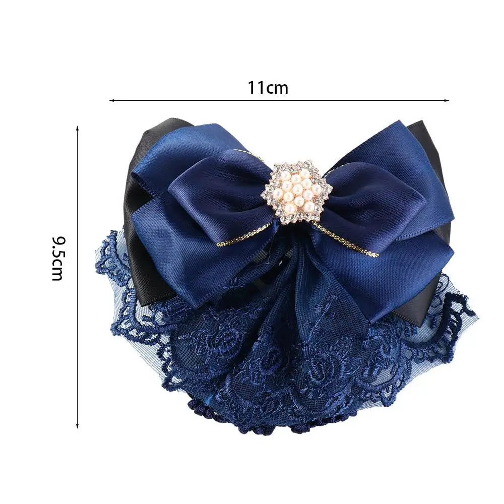 Rhinestone Bowknot Spring Clip Elegant Korean Style Ribbon Hair Net Cover Hair Accessories Pearl Bun Snood Bank