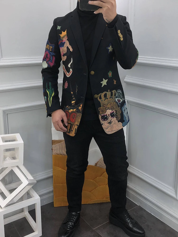 Groom Wedding Party Colorful Floral Printed Casual Blazer Men Slim Fit Single Breasted Suit Coat Office Work Cargo Woolen Jacket