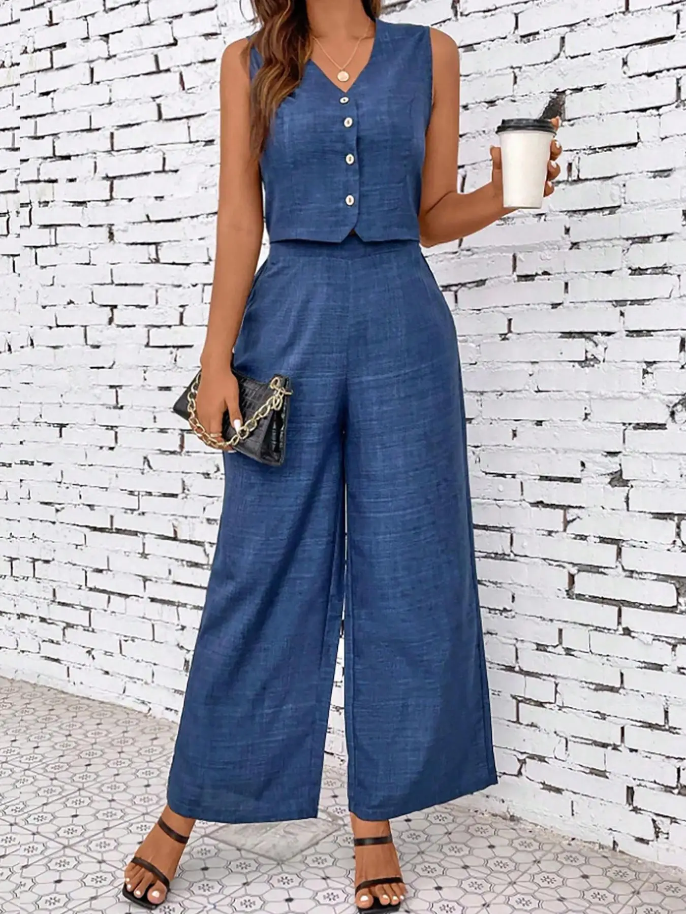 Women's Sleeveless Set, V-Neck Vest Top with Wide Leg Pants, Casual Fashion Daily Commute Clothing, Fitted Crop/short Length