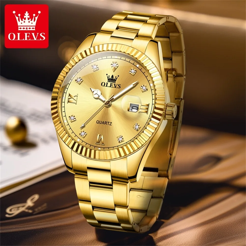 OLEVS Brand Luxury Gold Quartz Watch for Men Stainless Steel Waterproof Luminous Fashion Calendar Mens Watches Reloj Hombre