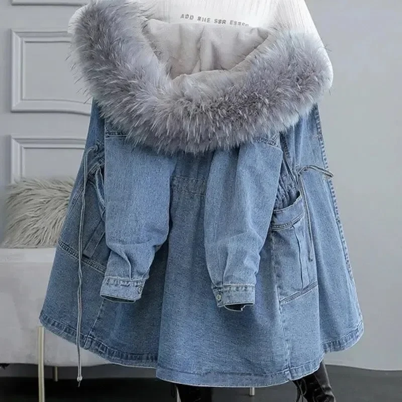 Women\'s Jeans Coat New Winter Denim Coats Thick Wool Denim Jacket Korea Loose Hooded Fur Collar Long Clothes Outerwear Female