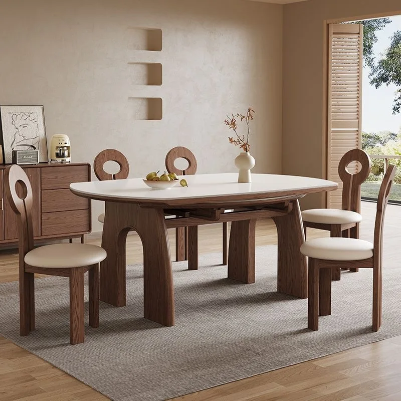 Retractable round rock slab dining table and chairs small apartment restaurant household folding table square and round