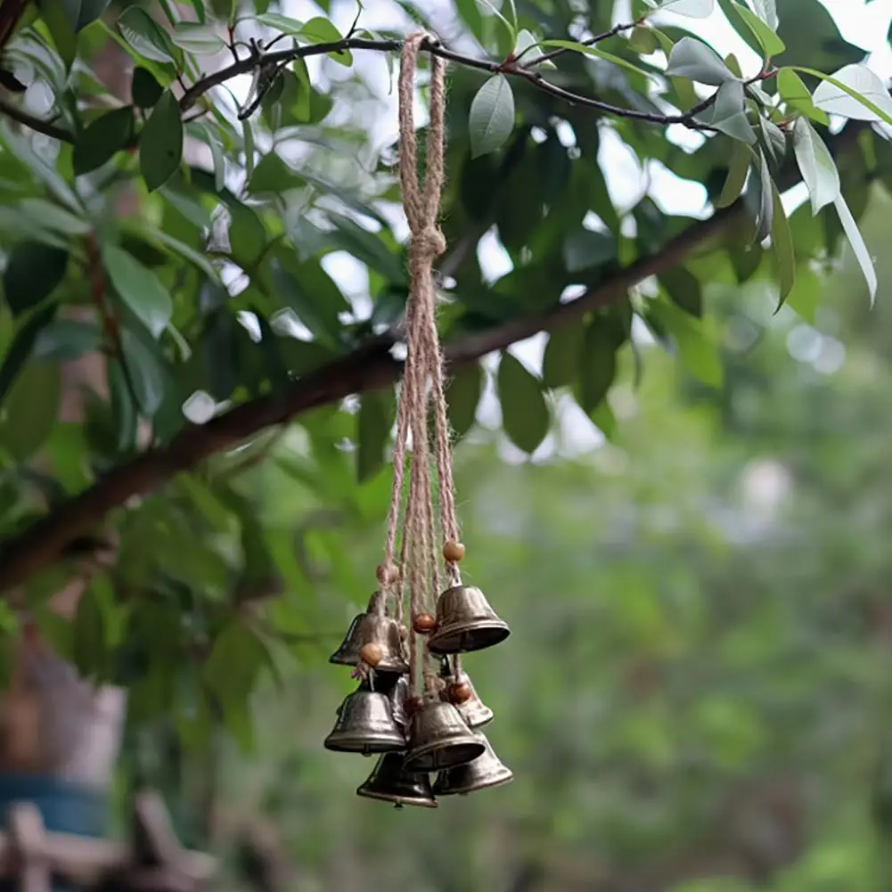 Indoor Outdoor Wall Ornament Retro Jute Rope Wind Chime Bohemian Metal Bell Pendant with Wooden Beads Jute Rope Wind for Home
