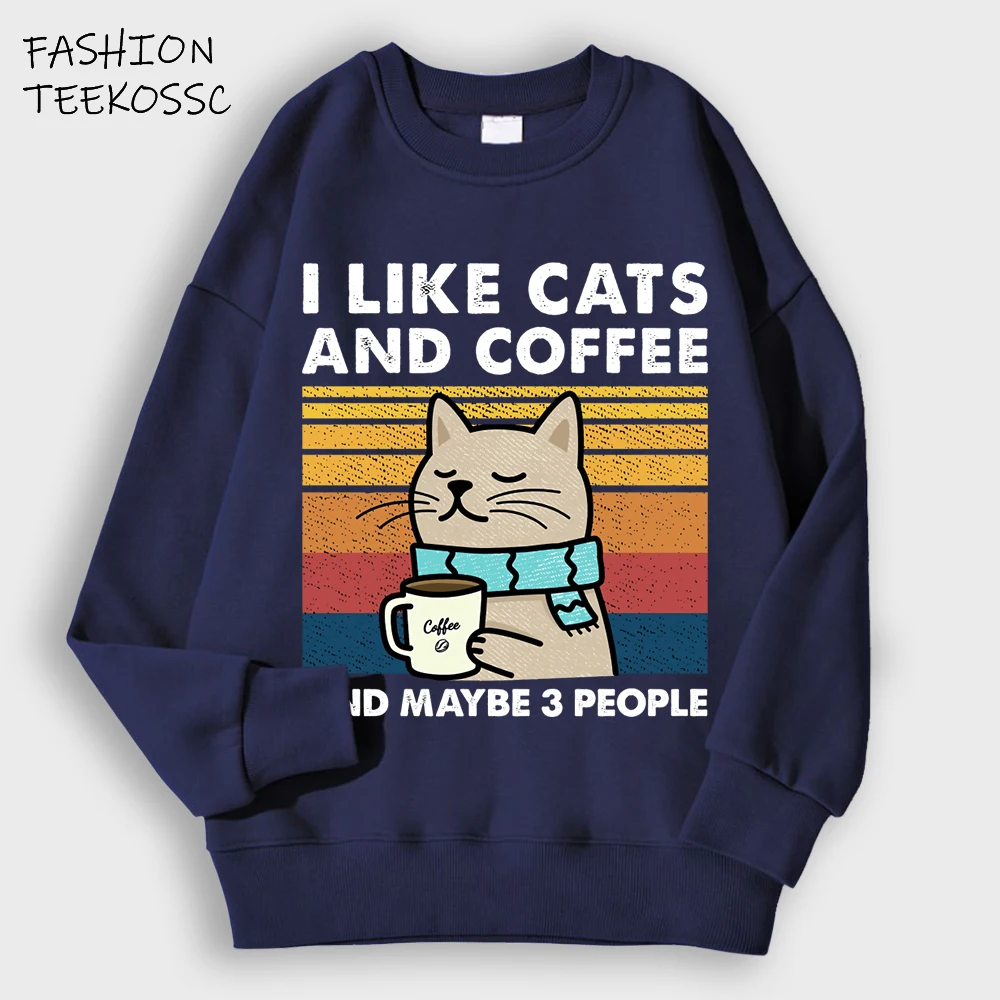 Ich mag Katzen, Kaffee und vielleicht 3-Personen-Sweatshirt, Herren, Fleece, lockerer Pullover, Herbst, O-Ausschnitt, modische Sportbekleidung, Unisex, farbiges Oberteil