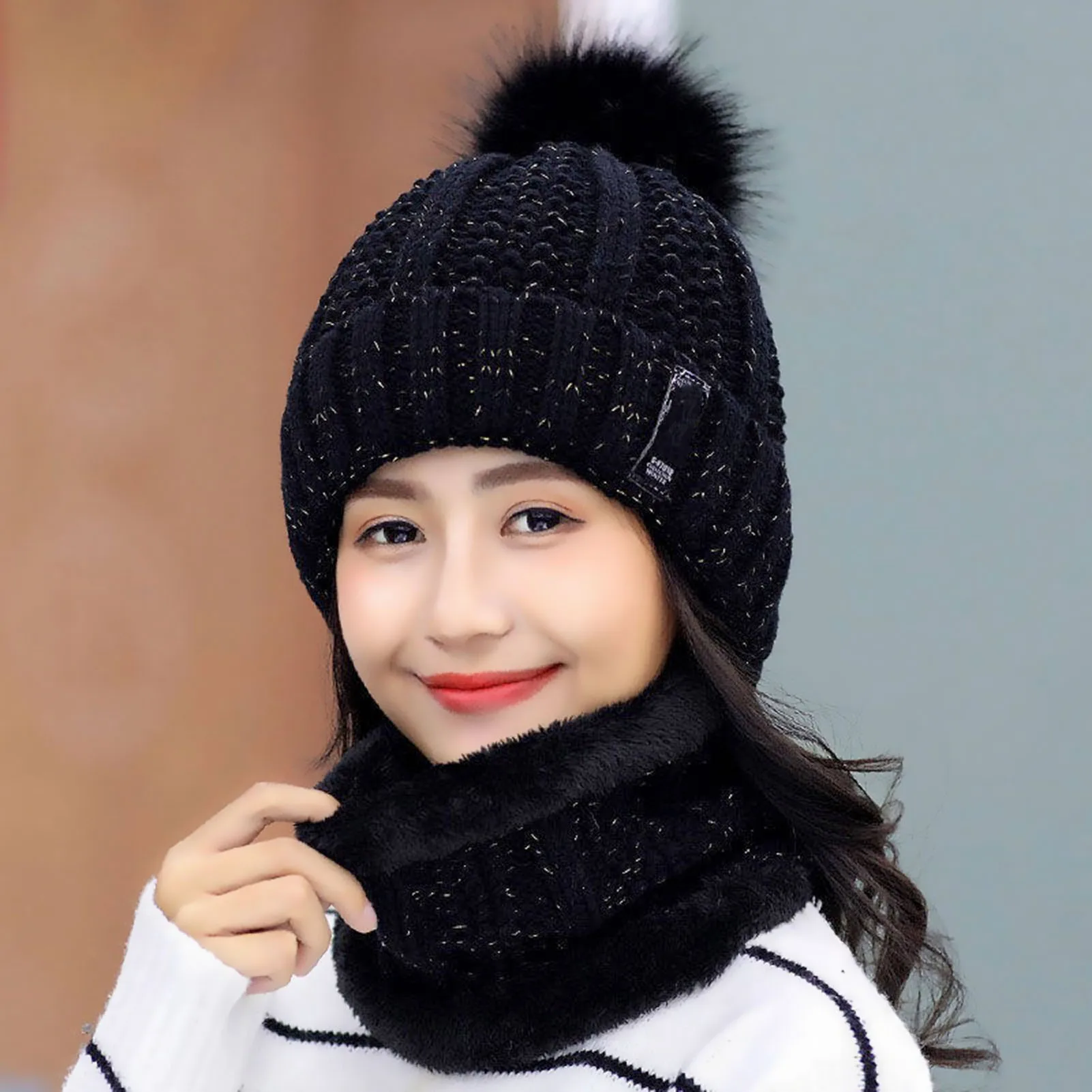 Winter Knitted Scarf Hat Set Women Thick Warm Beanie Skullies Hat Outdoor Riding Sets