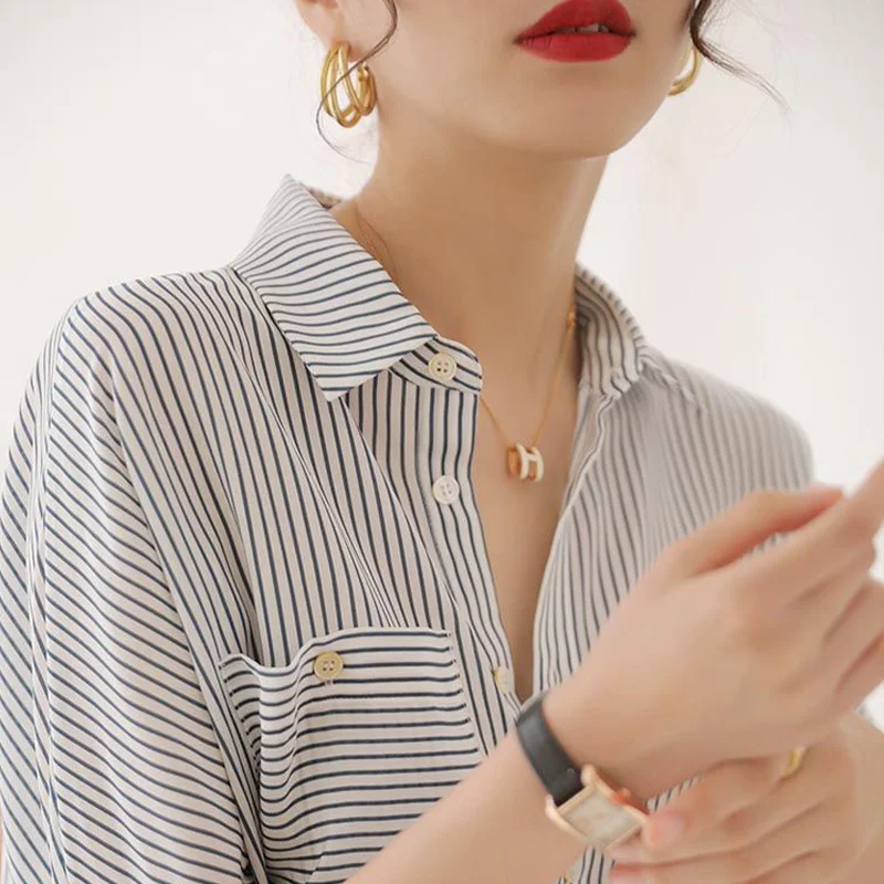 Summer New Casual Loose Striped Short Sleeved Shirt Versatile Temperament Vintage Elegant Fashion Young Style Popular Lady\'s Top