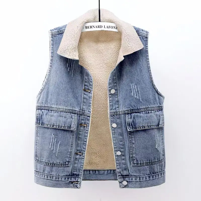 

Autumn Lamb Wool Liner Plush Thick Cowboy Vest Winter Plus Velvet Warm Women Denim Waistcoat Female Gilet Sleeveless Vest Jacket