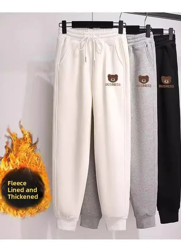 

Женские утепленные спортивные брюки с высокой талией на флисовой подкладке, повседневные свободные брюки-харланы с принтом маленького медведя, для города