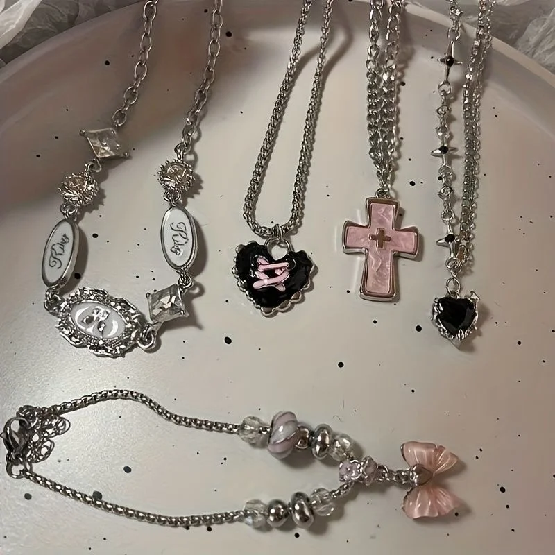 5Pcs Y2K Pink Set Bow Pink Cross Retro Oval Water Diamond Butterfly Bead Mixed Silver Chain Stackable Necklace Women's Jewelry