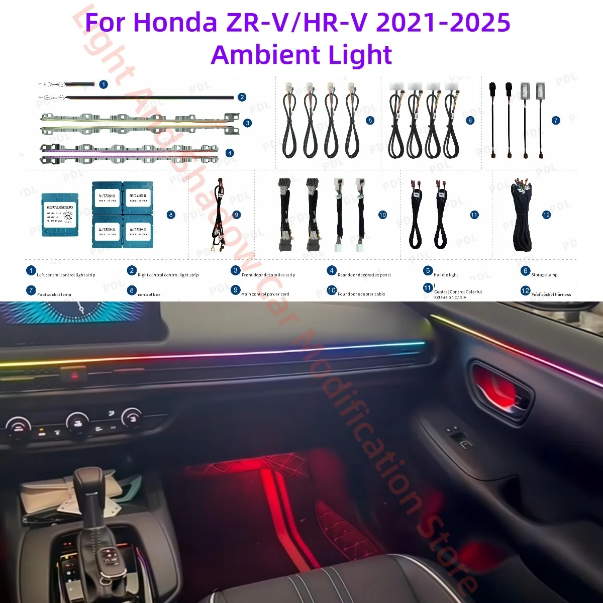 

RHD For Honda ZR-V HR-V ZRV HRV 2021+ Ambient Light Automotive interior Lighting Upgrade Luminous Cover Plate Car Accessories