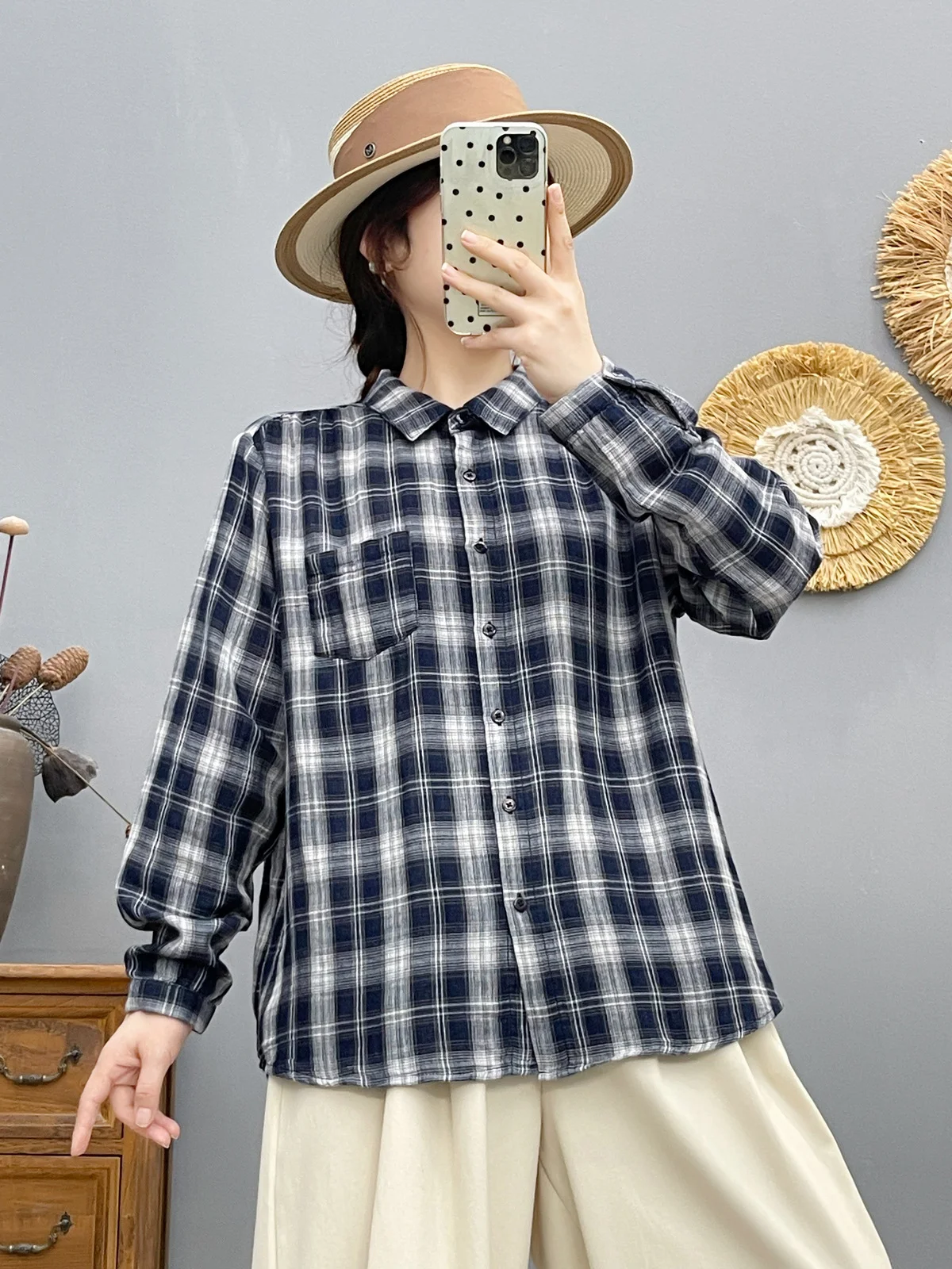 Camisa a cuadros Vintage de hilo de algodón para mujer, camisas a cuadros informales suaves y elegantes, tops de manga larga 2026