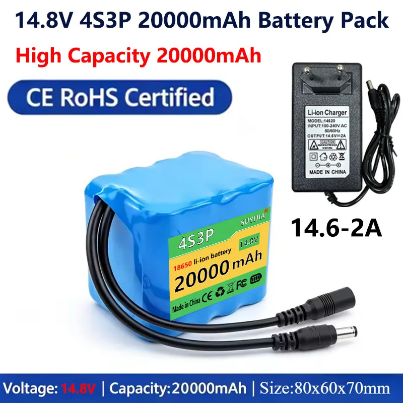SUYIJIA 4S3P 14.8V 20000mAh 18650 Batterie Au Lithium Rechargeable 14.4V 20Ah Avec BMS Intelligent Intégré + Chargeur 16.8V 2A
