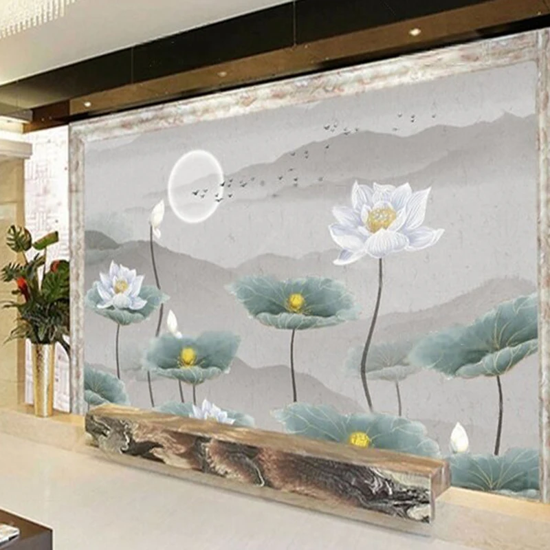 Chinese-style ink-wash mountain lotus simple and fashionable grey TV luxurious home decoration bedroom background wall