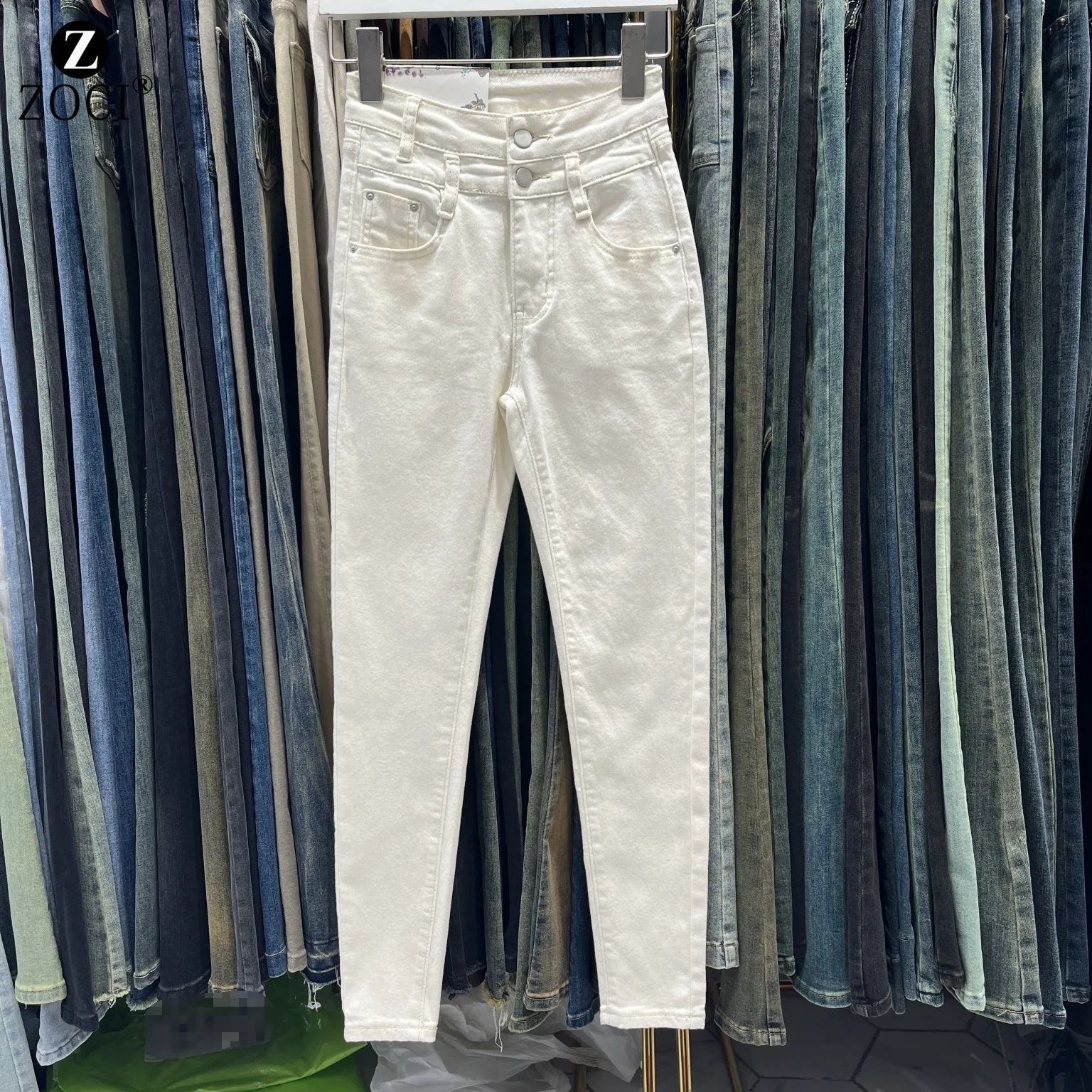 [zoci] Version High Waisted Breasted Pencil Versatile, Elastic, Slim Fit, Length, Short Leg Pants, Fashionable Jeans