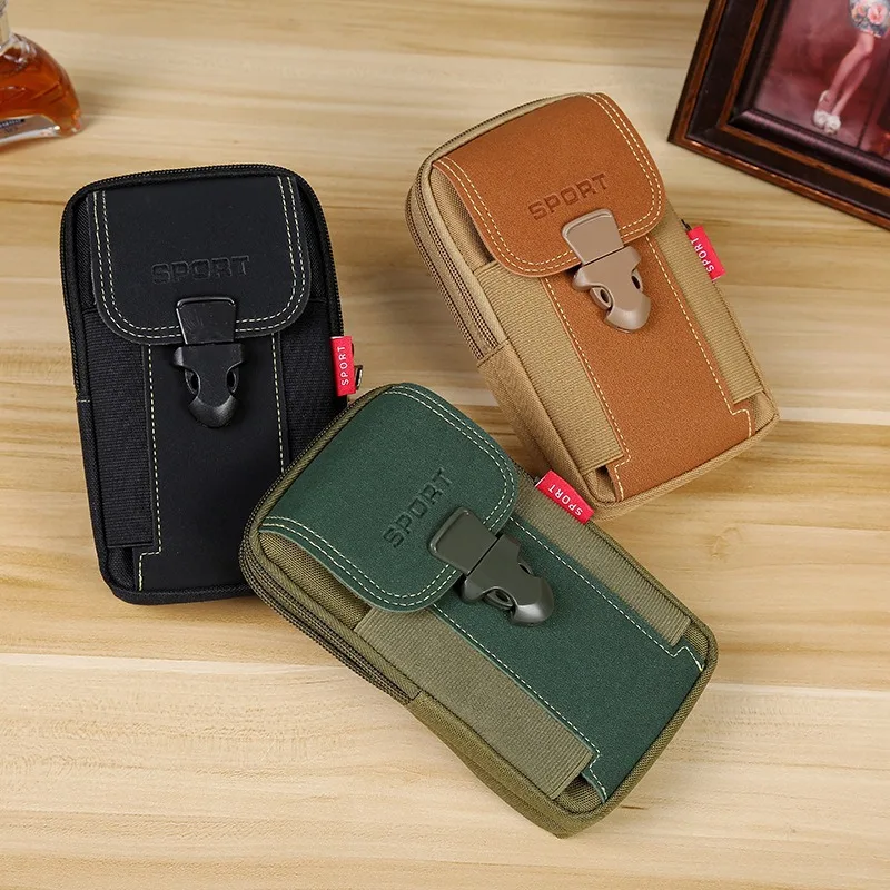 Oxford cloth +PU leather spliced mobile phone storage waist-hung wallet, convenient to wear belt functional waist bag