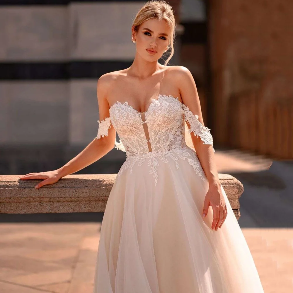 Customized Boho Tulle A Line Wedding Dresses Applique Sweetheart Bride Dress Off Shoulder Bridal Gowns Vestidos De Novia